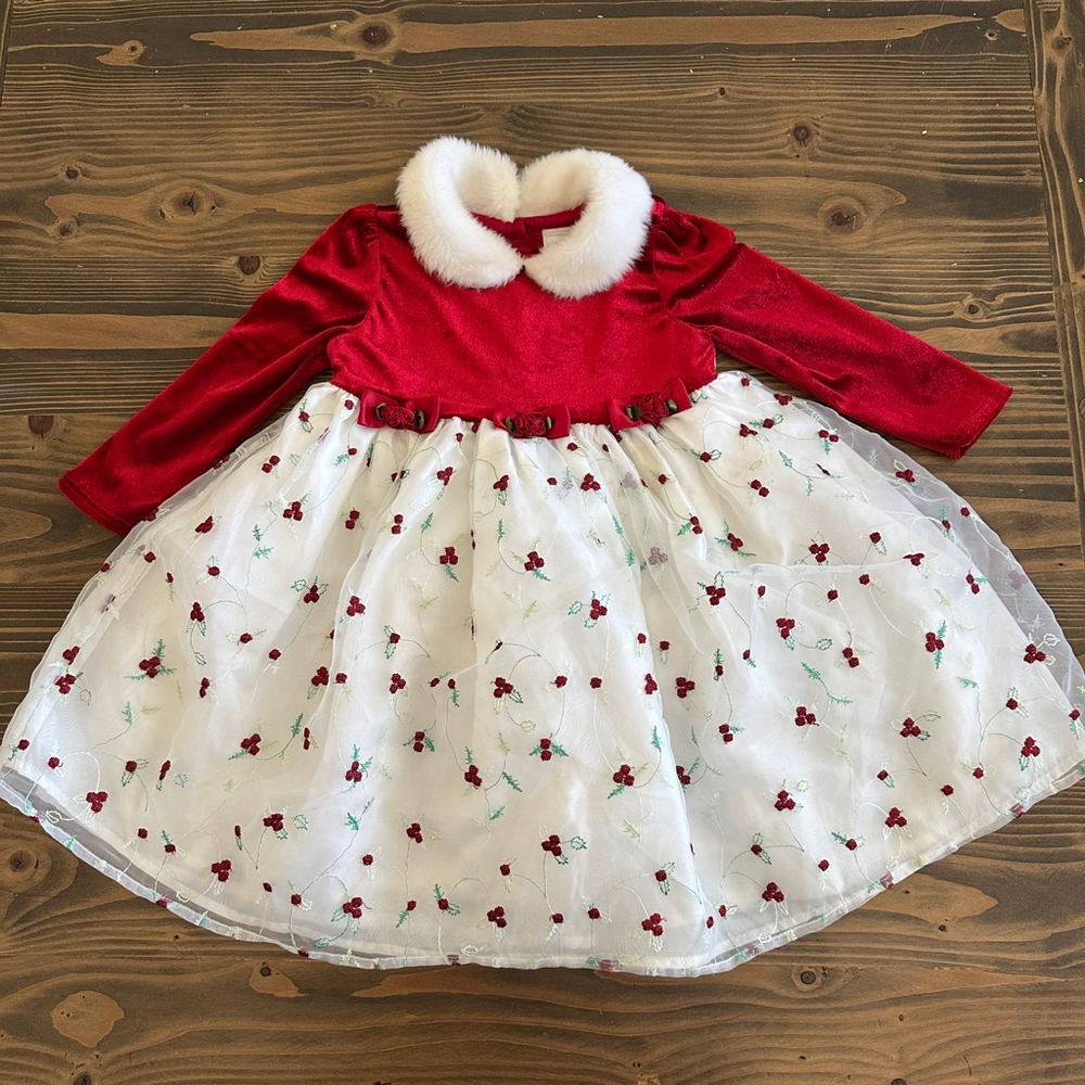 Wonder Kids Holiday Formal Dress 24M Red Velvet Faux Fur Embroidered Skirt - Picture 1 of 5